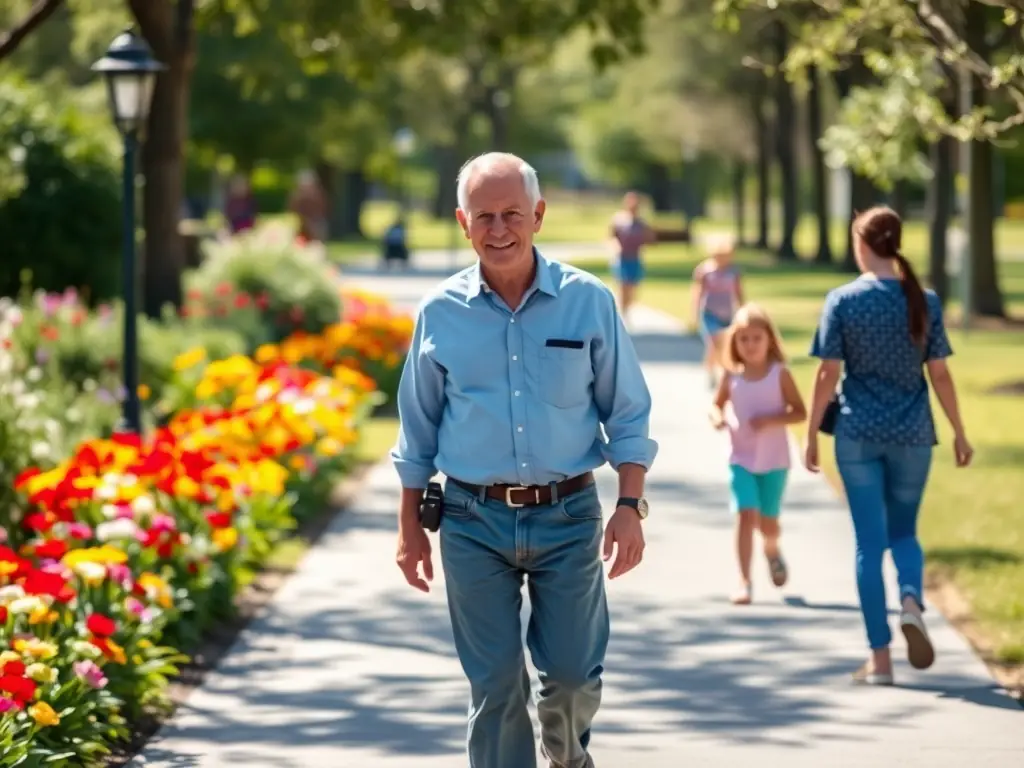 A person wearing an ankle monitor while walking in a park, symbolizing freedom within boundaries and the use of GPS technology for monitoring.