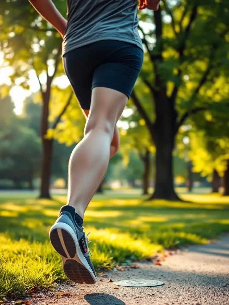 A person wearing a GPS ankle monitor while jogging in a park, emphasizing freedom within boundaries.