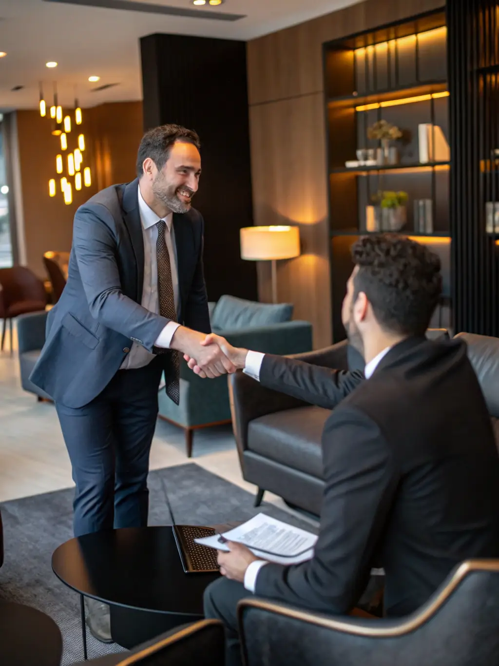 A client shaking hands with a JMS Services legal advisor in a bright, modern office setting.