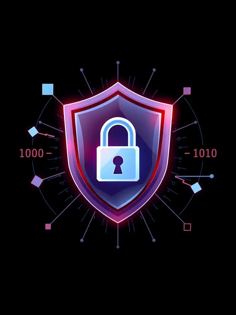 A digital illustration depicting a shield with a lock icon inside, surrounded by binary code, representing cybersecurity protection for businesses.