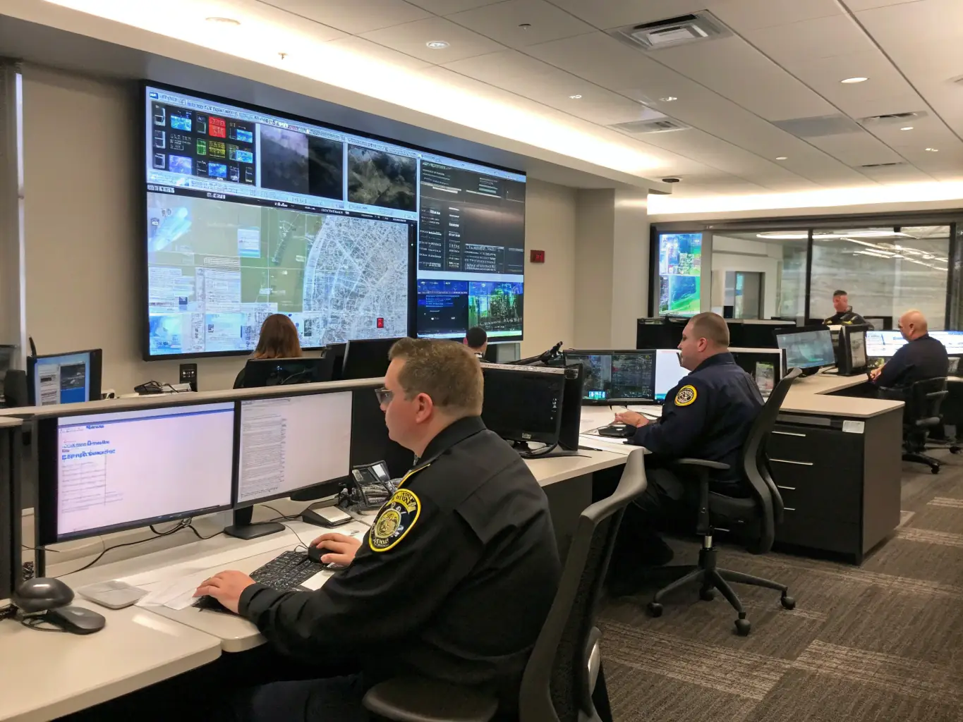 A group of law enforcement officers are collaborating in a command center, using ankle monitoring data to track individuals and ensure public safety. The image should emphasize teamwork, vigilance, and proactive monitoring.
