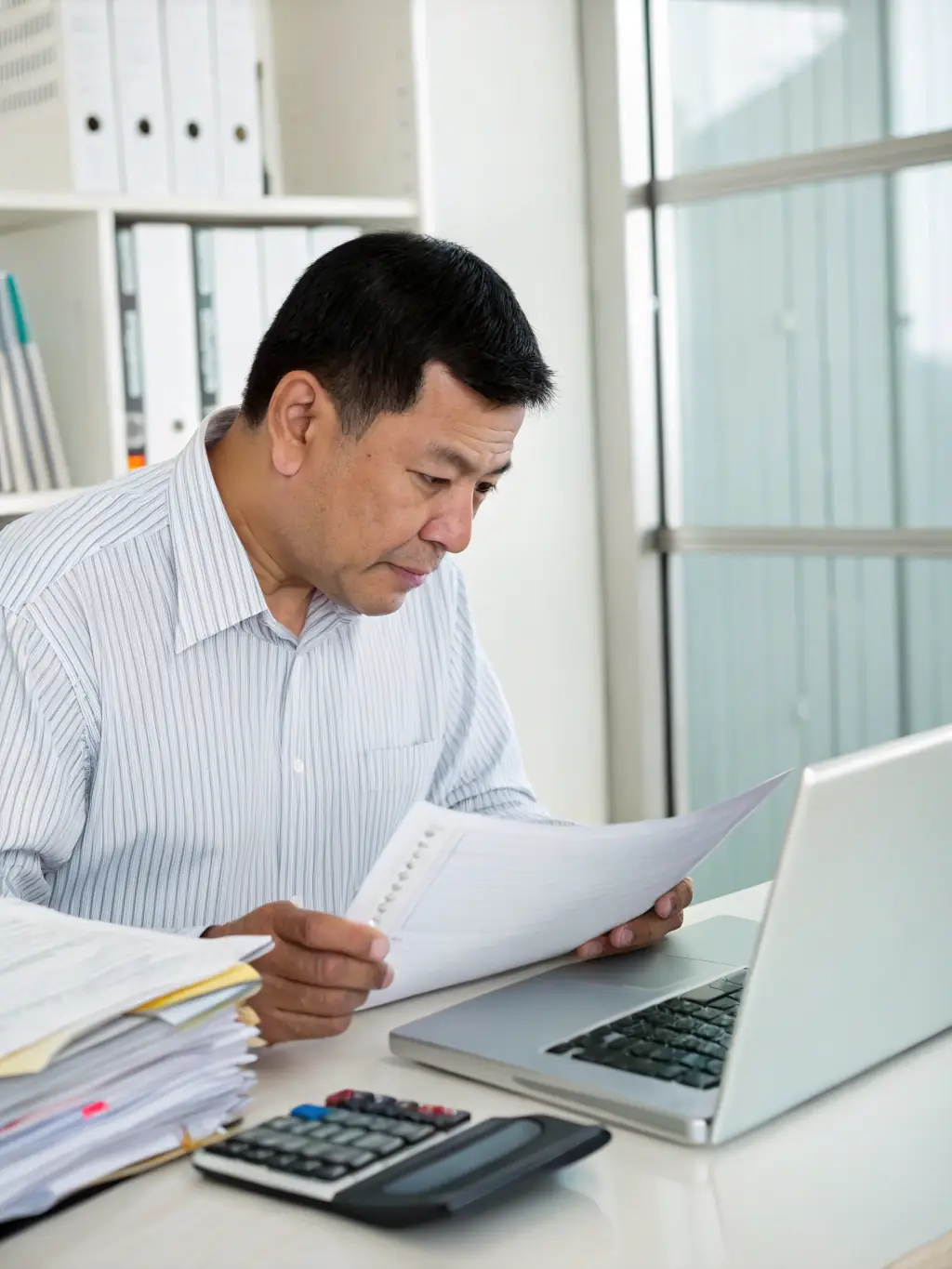 An illustration of a person recovering lost funds with a magnifying glass over financial documents, symbolizing fraud recovery services.